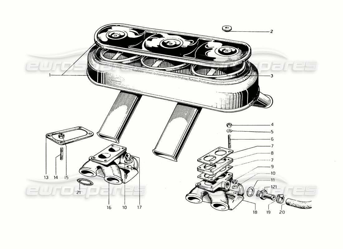 ferrari 275 gtb/gts 2 cam diagrama de piezas de los colectores de entrada