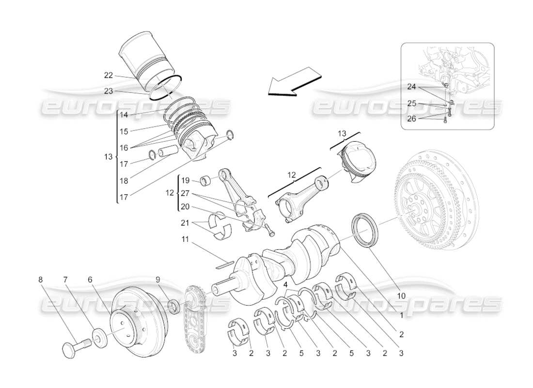 maserati grancabrio (2010) 4.7 diagrama de piezas del mecanismo de manivela