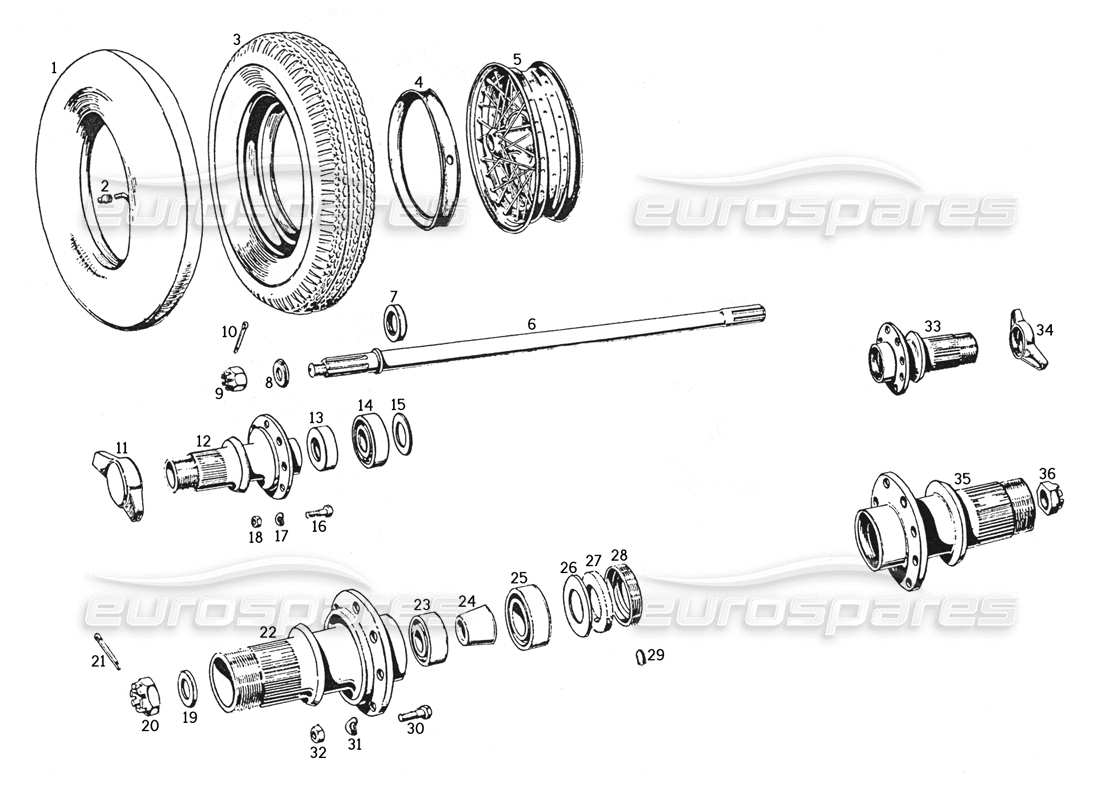 ferrari 250 gte (1957) diagrama de piezas de ruedas, bujes y semiejes