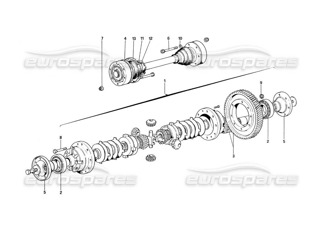 ferrari 328 (1985) diagrama de piezas del diferencial y los semiejes