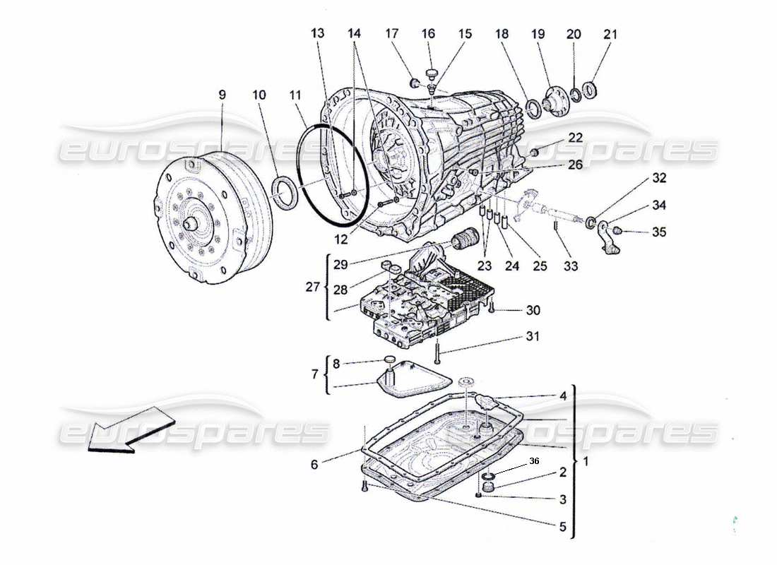 maserati qtp. (2011) 4.7 auto diagrama de piezas de las carcasas de la caja de cambios