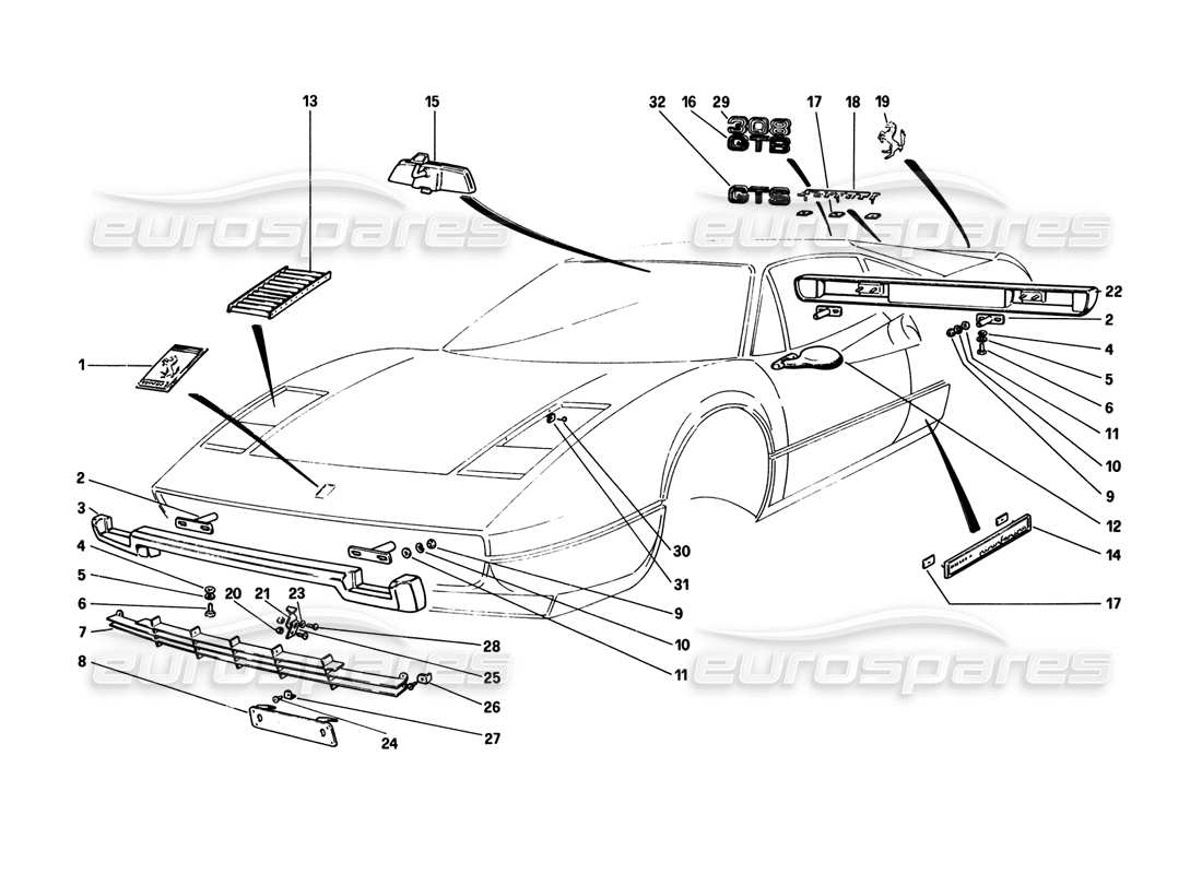 ferrari 308 gtb (1980) diagrama de piezas de parachoques y molduras (variantes para rhd - versiones aus)