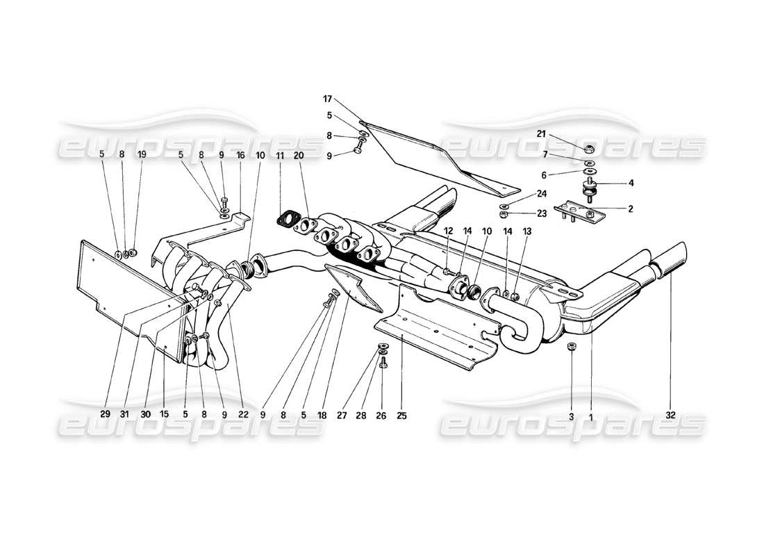 ferrari mondial 8 (1981) diagrama de piezas del sistema de escape