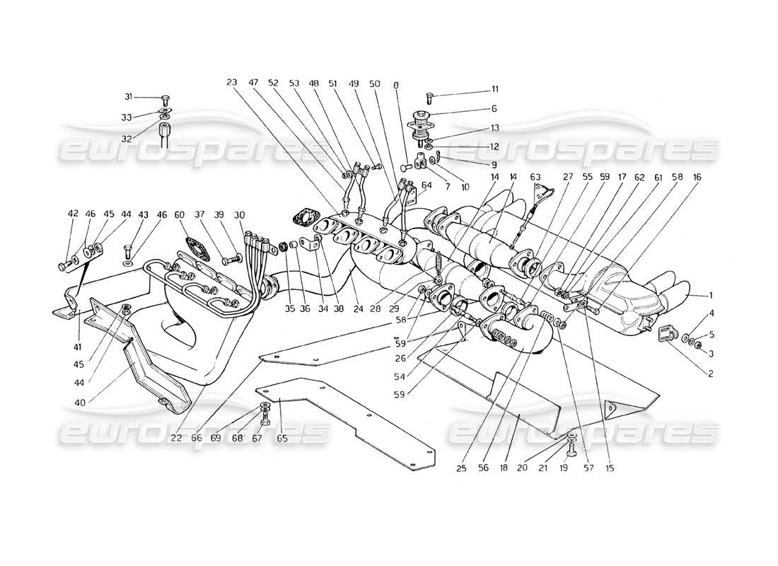 ferrari 308 gt4 dino (1979) diagrama de piezas del sistema de escape (variantes para ee. uu. - versión aus y j)