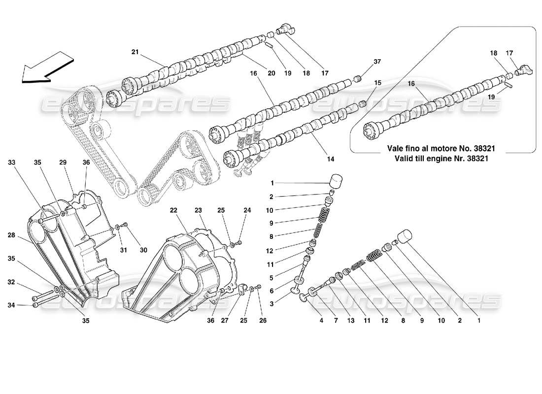 ferrari 355 (2.7 motronic) sincronización: diagrama de piezas de taqués y protectores