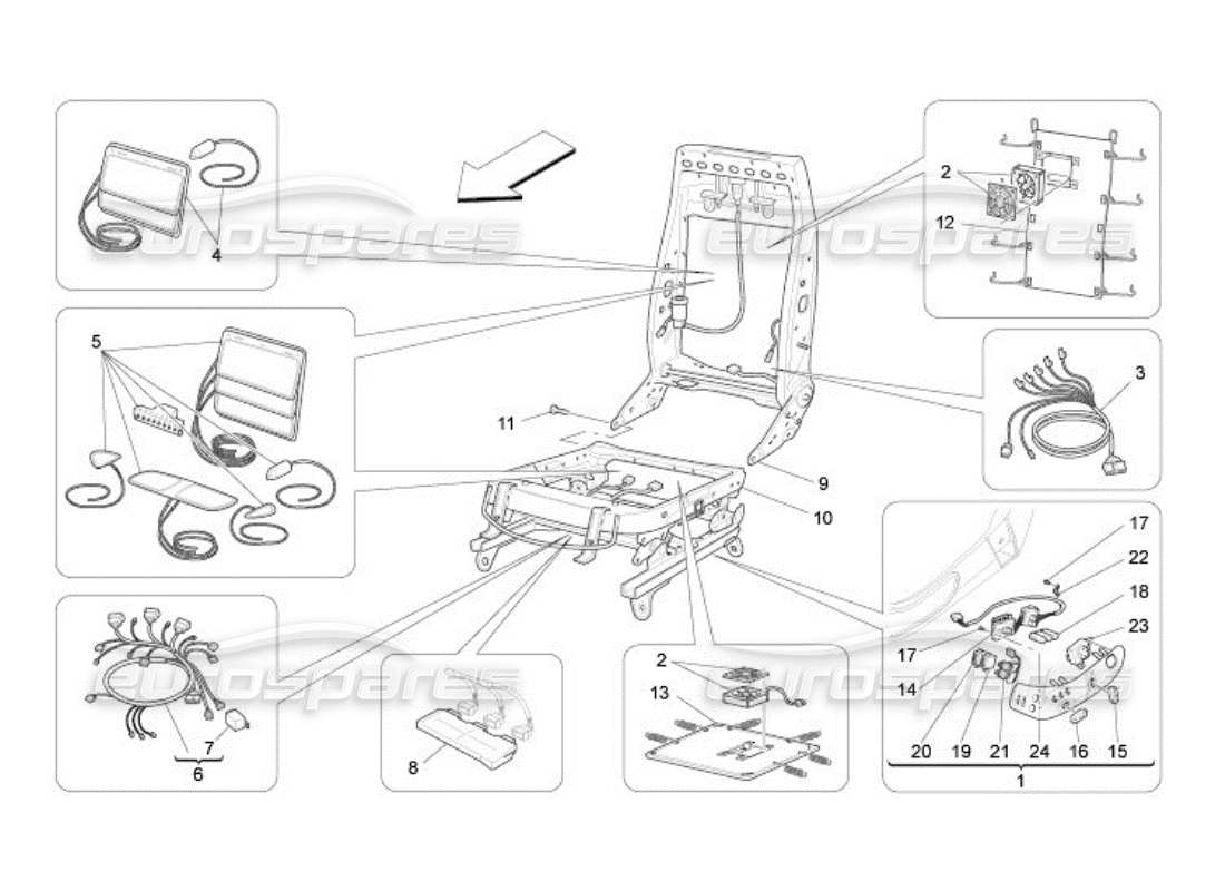 maserati qtp. (2005) 4.2 asientos delanteros: diagrama de piezas de mecánica y electrónica