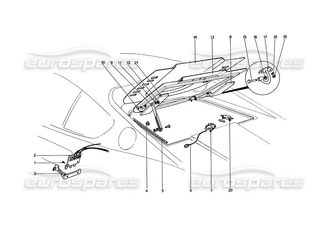 ferrari 246 dino (1975) diagrama de piezas de la tapa del compartimiento del motor y la alfombra