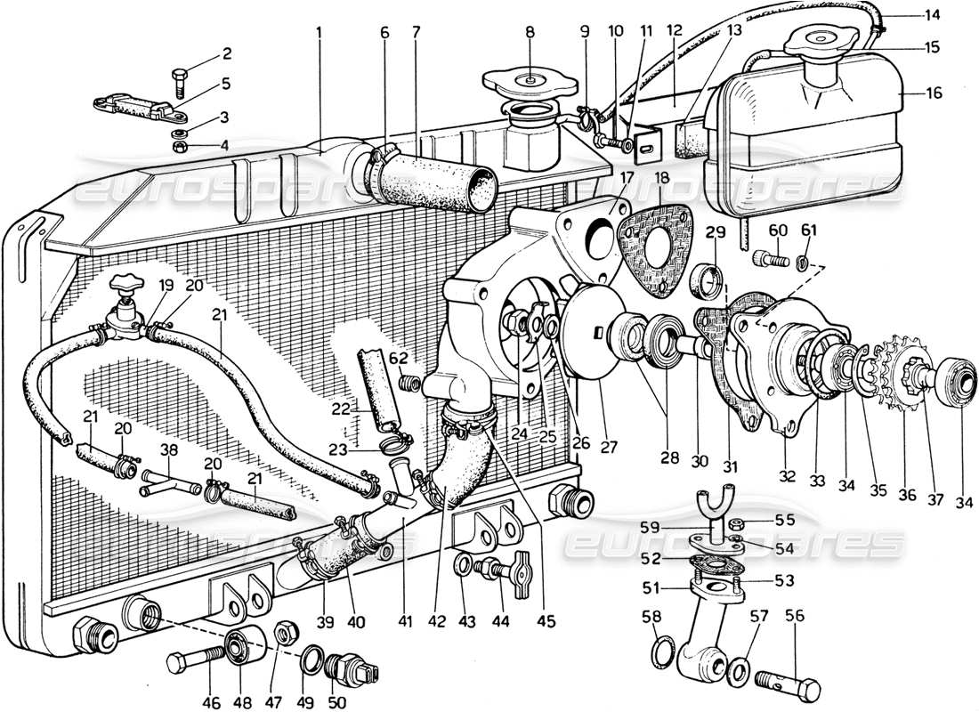 ferrari 365 gtb4 daytona (1969) sistema de refrigeración: diagrama de piezas de la bomba de agua y del radiador