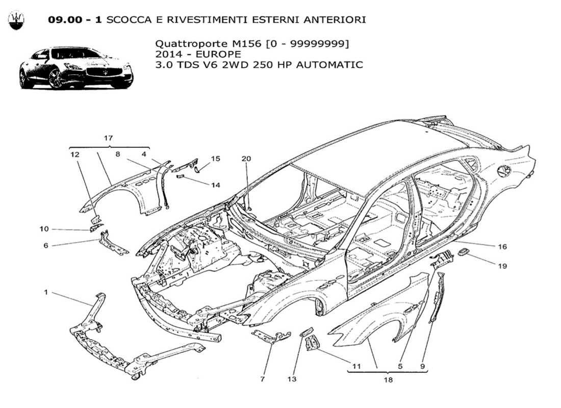 maserati qtp. v6 3.0 tds 250bhp 2014 diagrama de piezas de la carrocería y los paneles exteriores delanteros