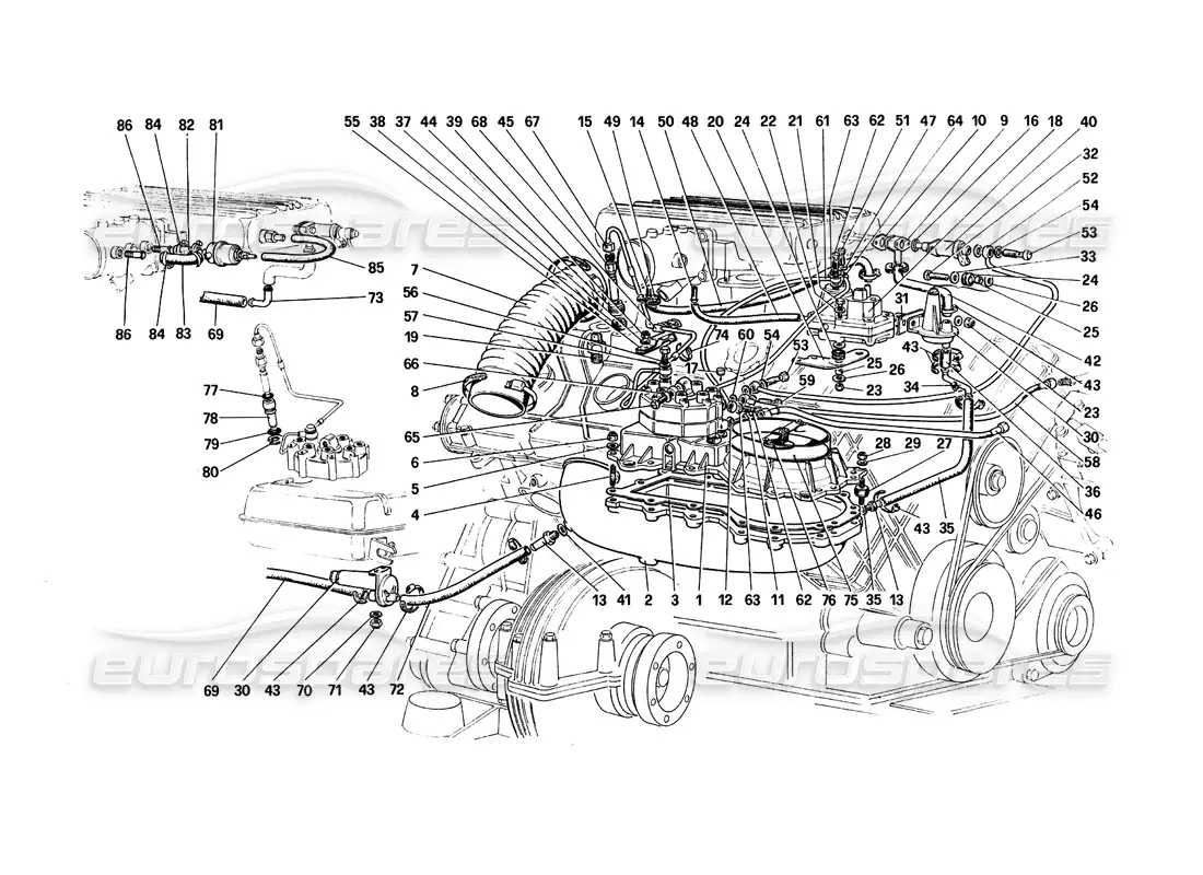 ferrari 308 quattrovalvole (1985) sistema de inyección de combustible: distribuidores de combustible, líneas diagrama de piezas