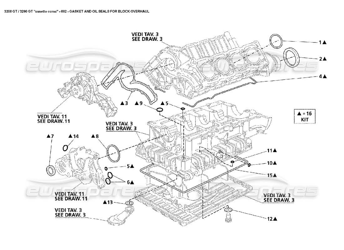 maserati 3200 gt/gta/assetto corsa juntas y sellos: diagrama de piezas en bloque
