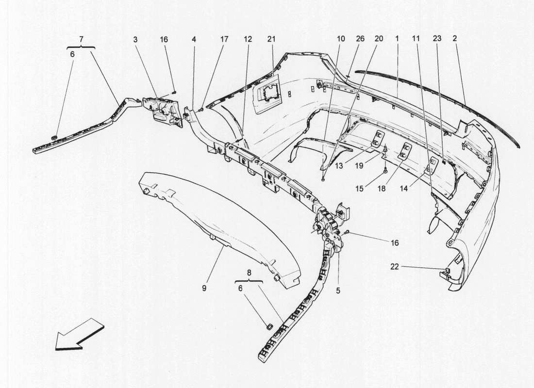 maserati qtp. v6 3.0 bt 410bhp 2wd 2017 diagrama de piezas del parachoques trasero