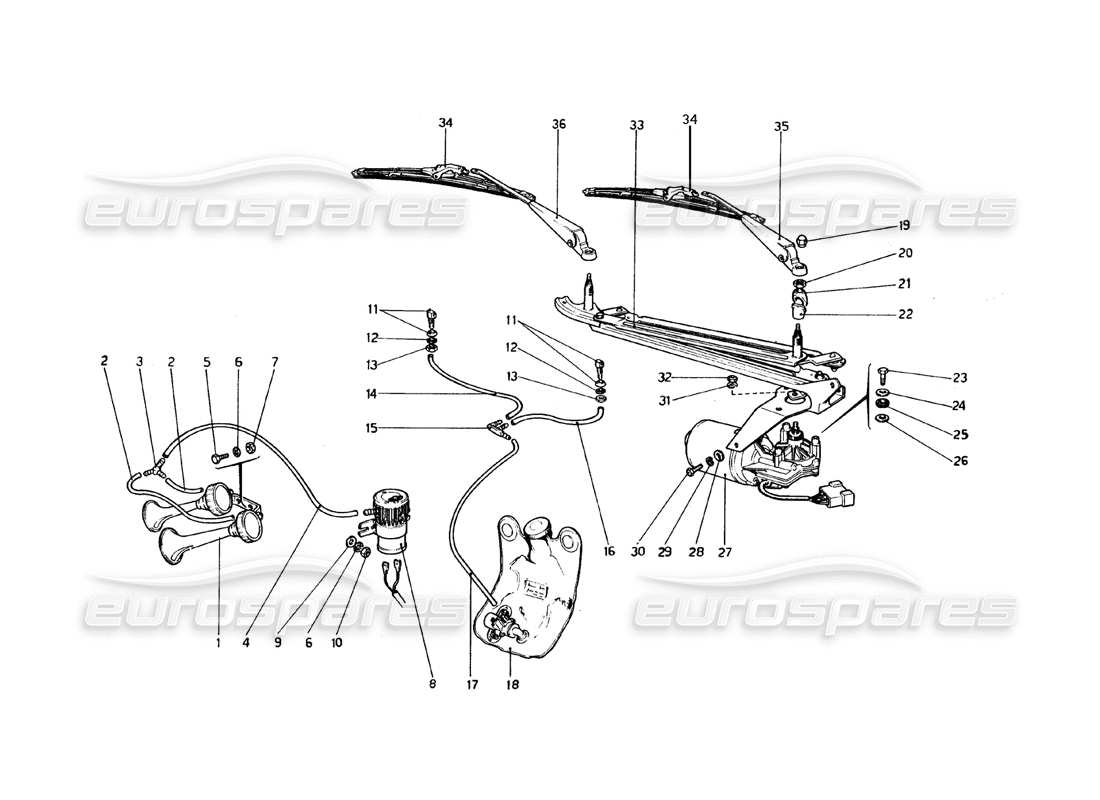ferrari 308 gtb (1976) diagrama de piezas del limpiaparabrisas, arandela y bocina (válido para versiones rhd - aus)