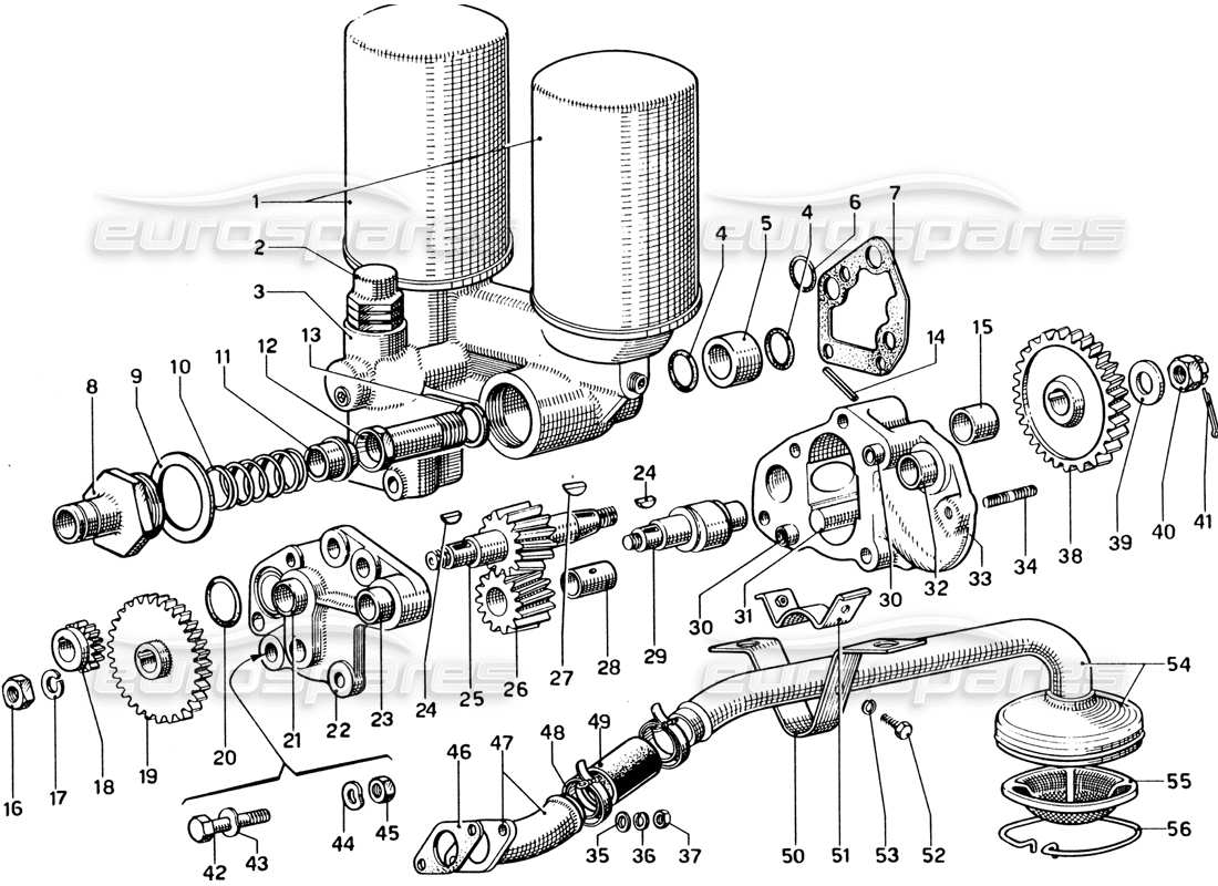 ferrari 330 gtc coupe diagrama de piezas de la bomba de aceite y los filtros