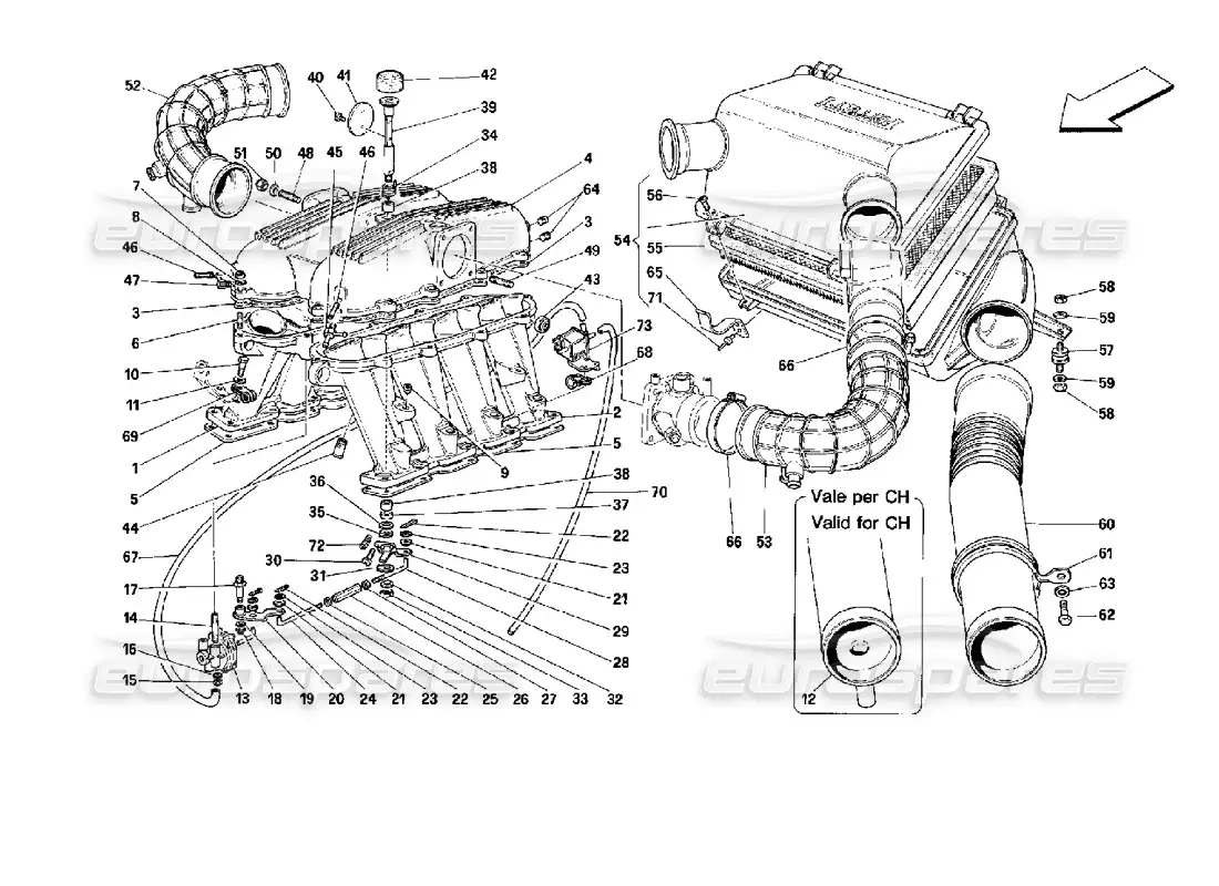 ferrari mondial 3.4 t coupe/cabrio colectores y admisión de aire - diagrama de piezas de motronic 2.5