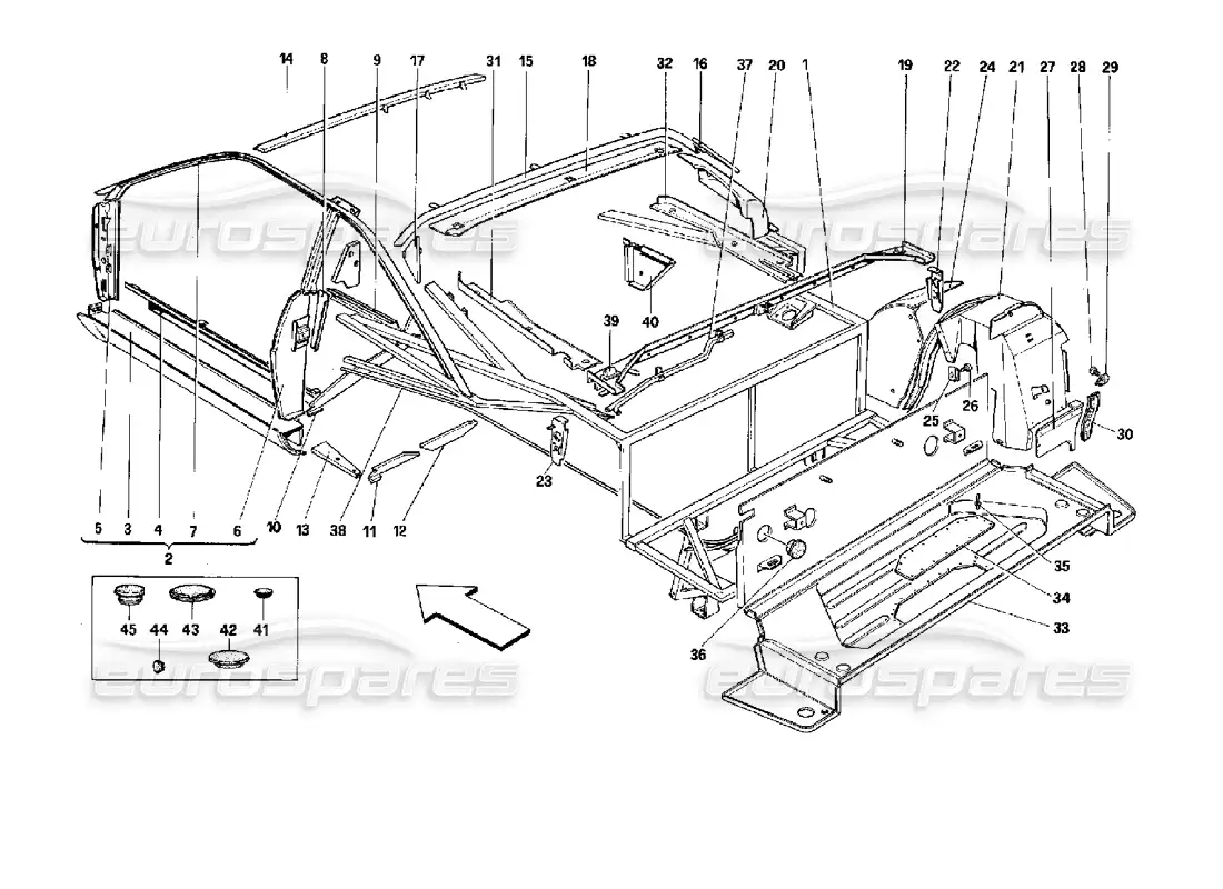 ferrari mondial 3.4 t coupe/cabrio carrocería: elementos internos - parte trasera - coupé diagrama de piezas