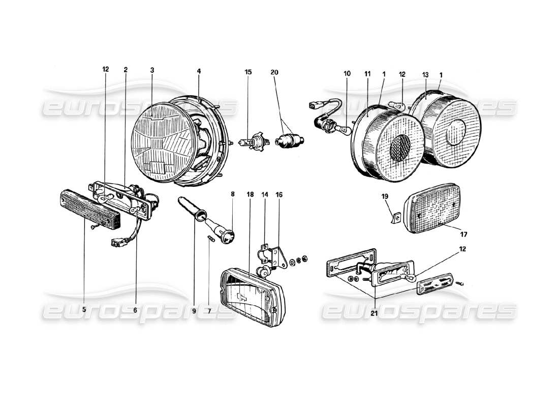 ferrari 308 gtb (1980) diagrama de piezas de luces (variantes para rhd - versiones aus)