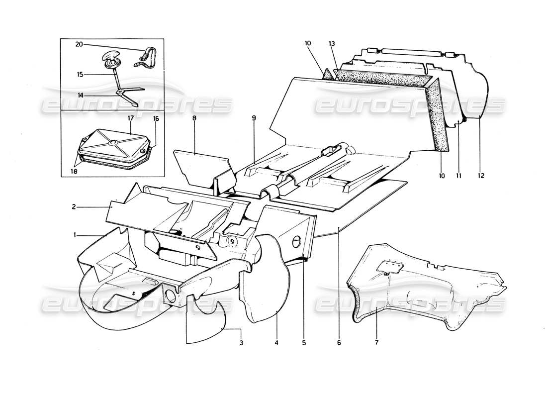 ferrari 246 dino (1975) carrocería - diagrama de piezas de elementos interiores