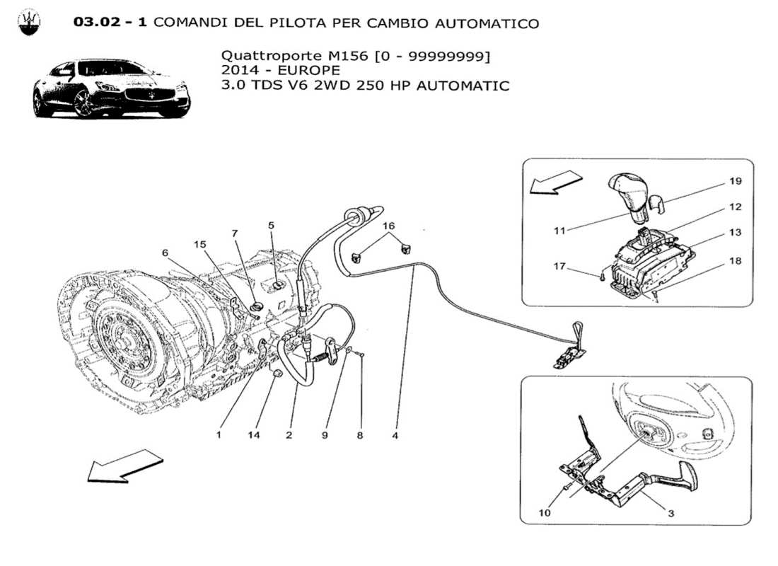 maserati qtp. v6 3.0 tds 250bhp 2014 controles del conductor para el diagrama de piezas de la caja de cambios automática