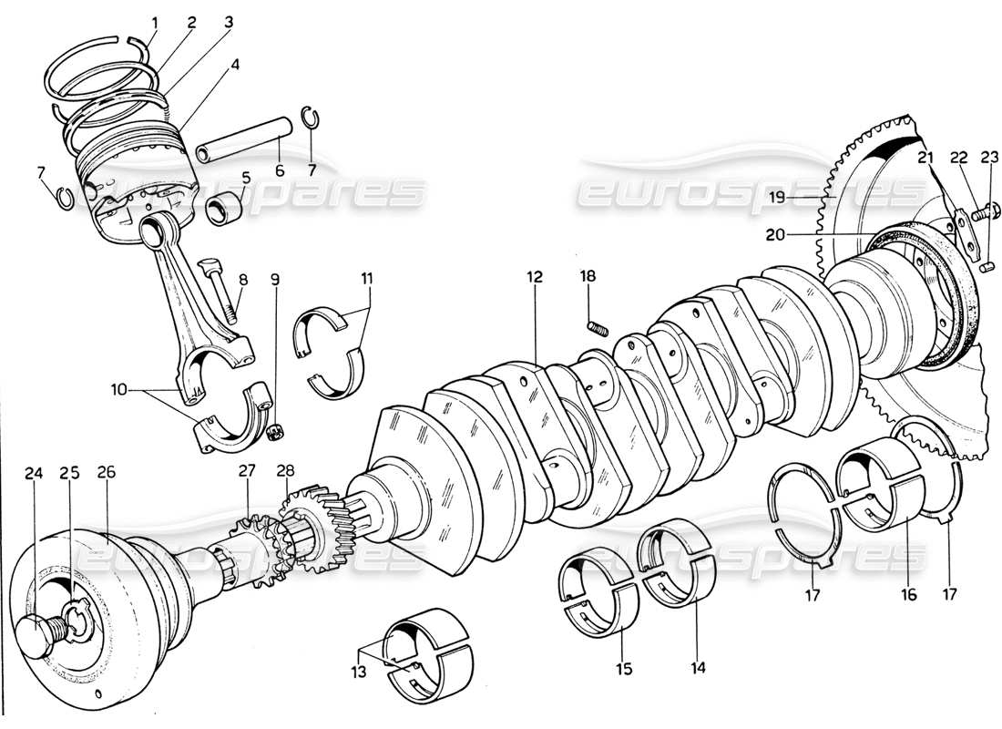 ferrari 365 gtb4 daytona (1969) diagrama de piezas del cigüeñal, bielas y pistones