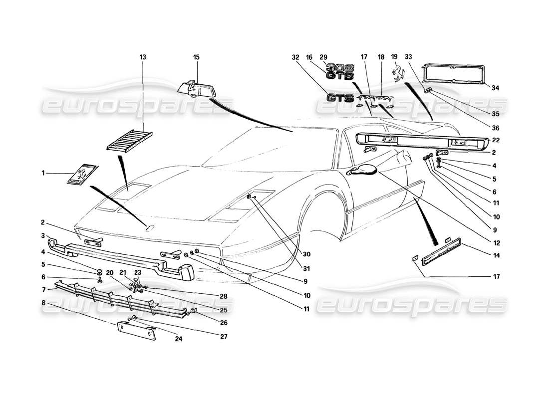 ferrari 308 gtb (1980) diagrama de piezas de parachoques y molduras
