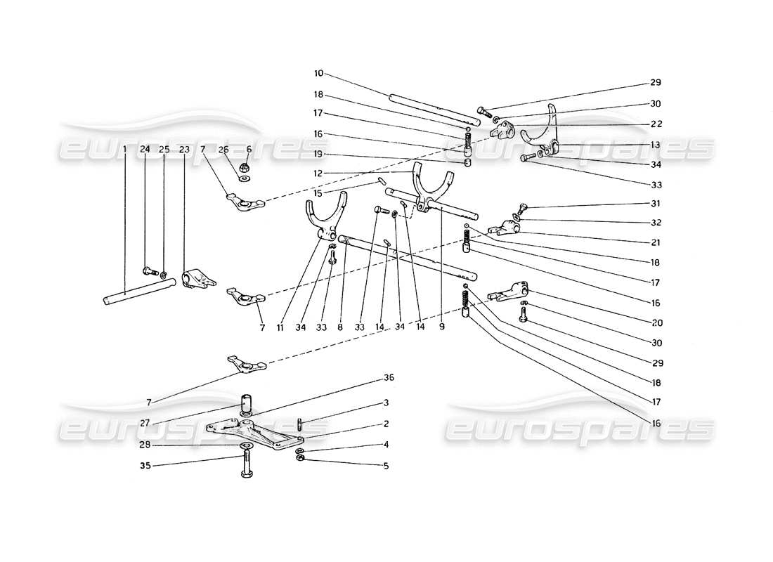 ferrari 308 gt4 dino (1979) diagrama de piezas de los controles internos de la caja de cambios