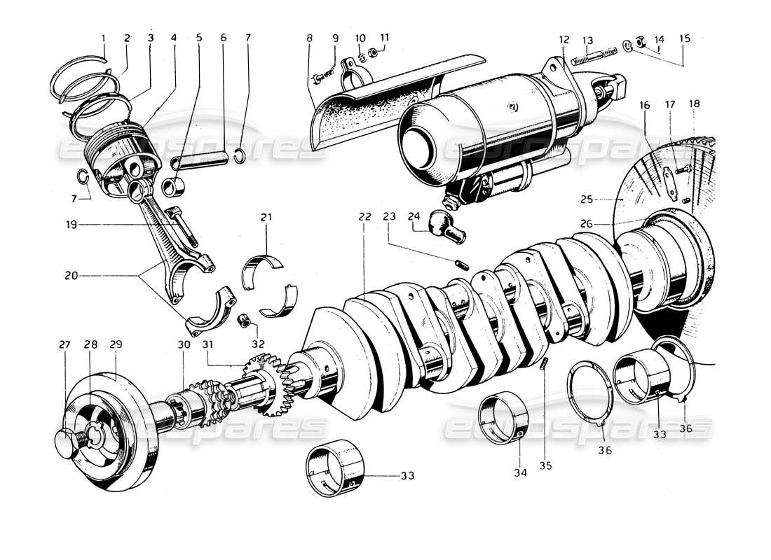 ferrari 275 gtb/gts 2 cam diagrama de piezas del cigüeñal, bielas y pistones