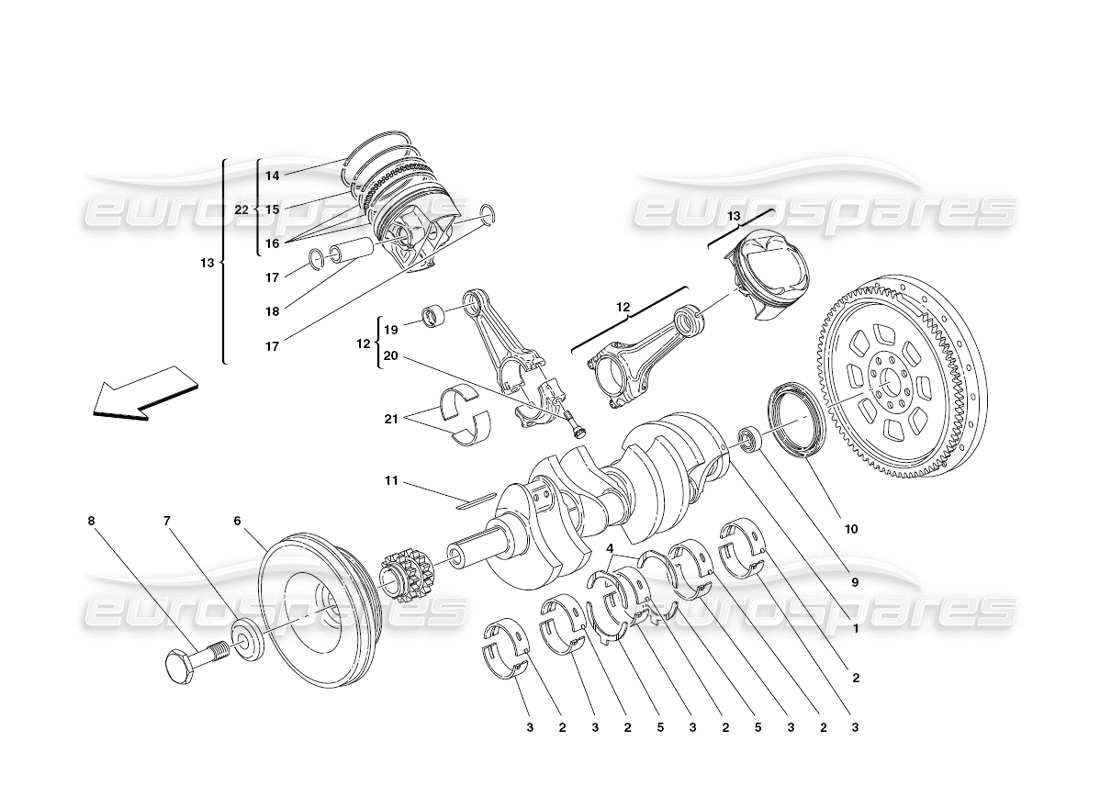 ferrari 430 challenge (2006) diagrama de piezas del cigüeñal, bielas y pistones