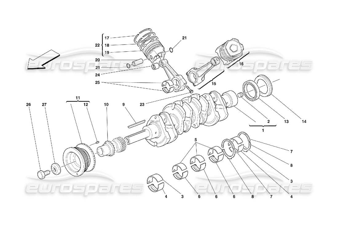 ferrari 355 (2.7 motronic) cigüeñal, bielas y pistones diagrama de piezas