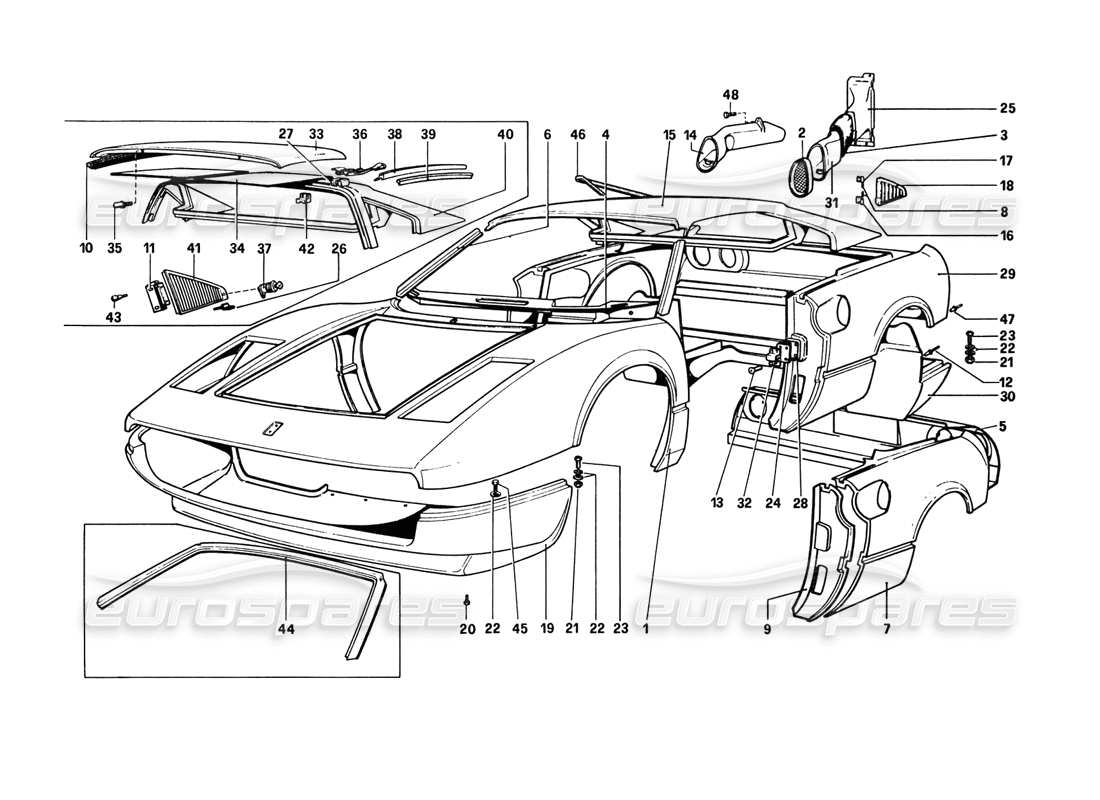 ferrari 308 gtb (1980) carrocería - elementos exteriores diagrama de piezas