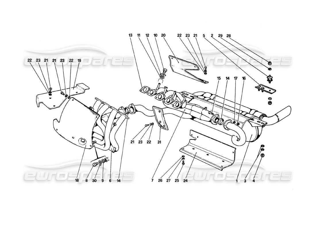 ferrari 308 gtb (1980) diagrama de piezas del sistema de escape