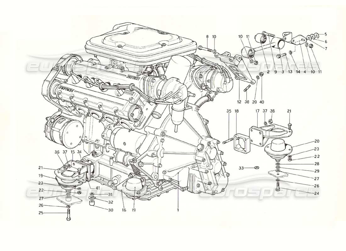ferrari 308 gt4 dino (1976) motor - diagrama de piezas de caja de cambios y soportes
