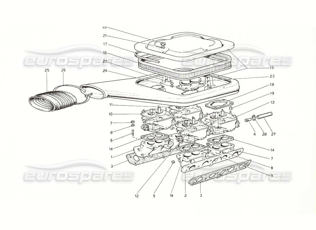 ferrari 308 gt4 dino (1976) diagrama de piezas de carburadores y limpiadores de aire