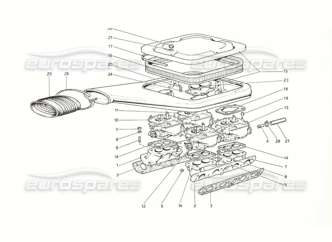 ferrari 308 gt4 dino (1976) carburadores y filtro de aire diagrama de piezas