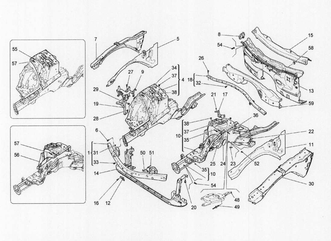 maserati qtp. v6 3.0 bt 410bhp 2wd 2017 diagrama de piezas de marcos estructurales frontales y paneles laminares