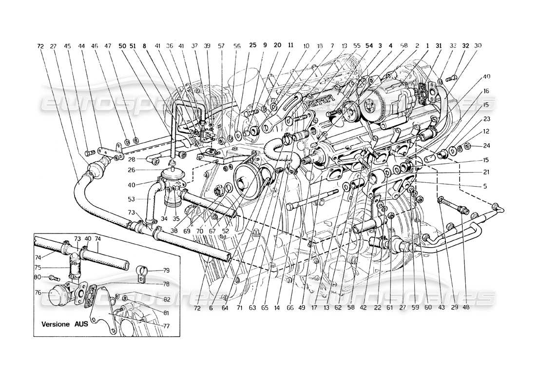 ferrari 308 gt4 dino (1979) diagrama de piezas de bomba de aire y tuberías (variantes para ee. uu., versión aus y j)