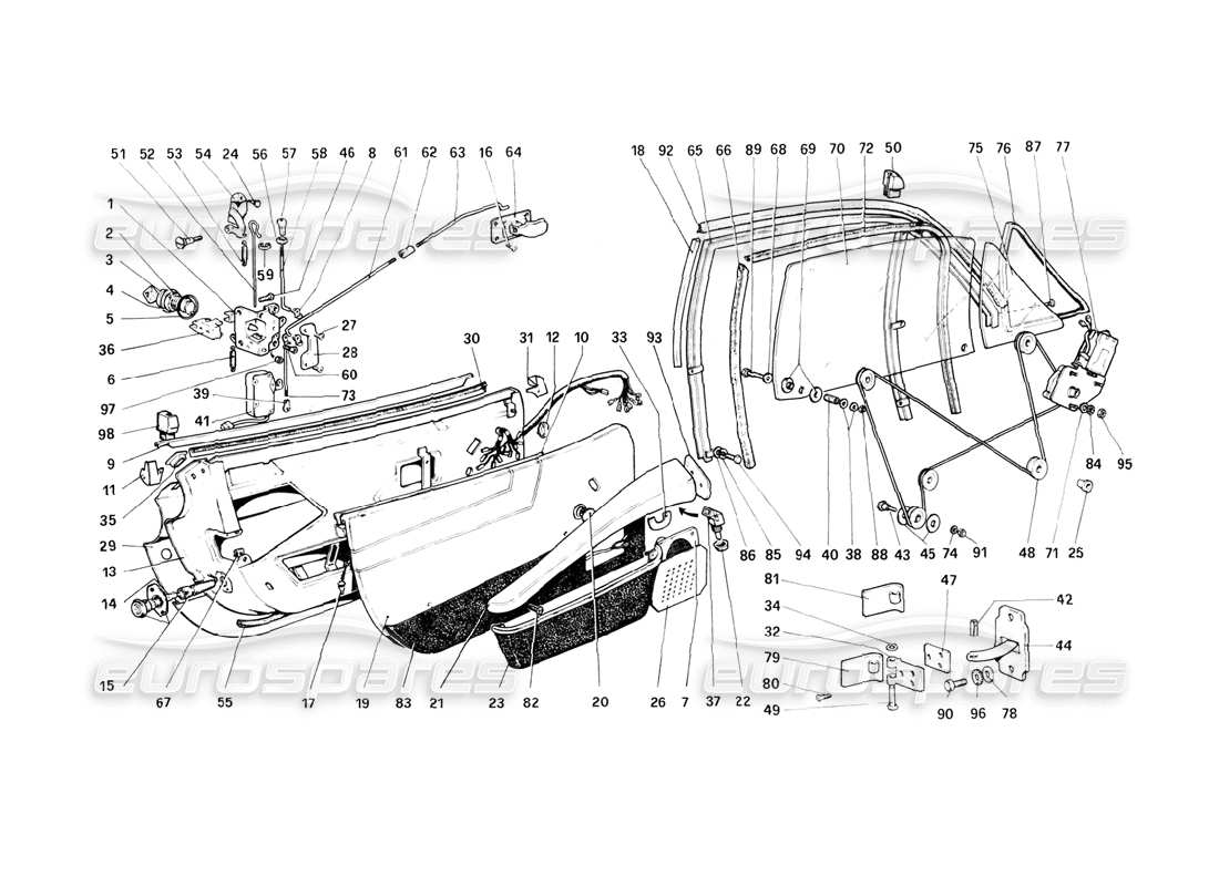 ferrari 308 (1981) gtbi/gtsi diagrama de piezas de puertas