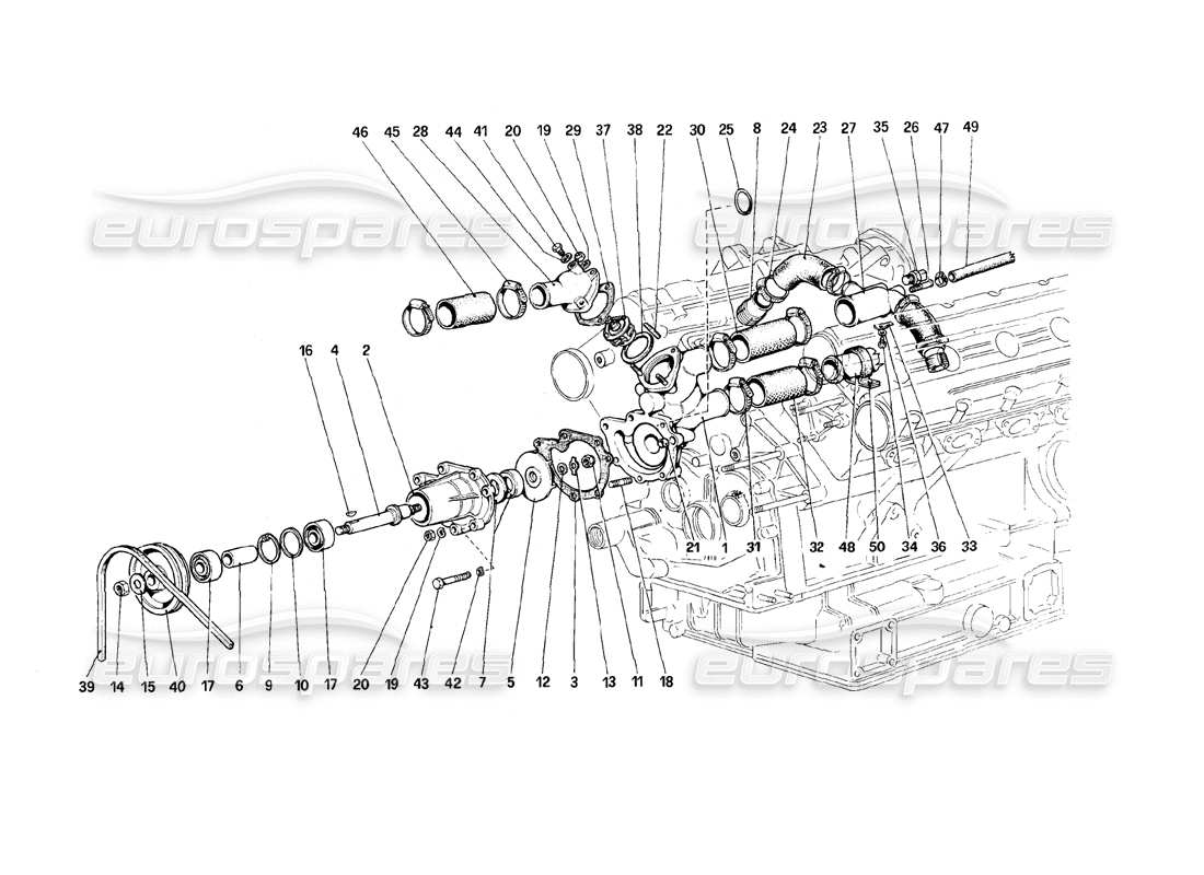 ferrari 308 (1981) gtbi/gtsi diagrama de piezas de bomba de agua y tuberías