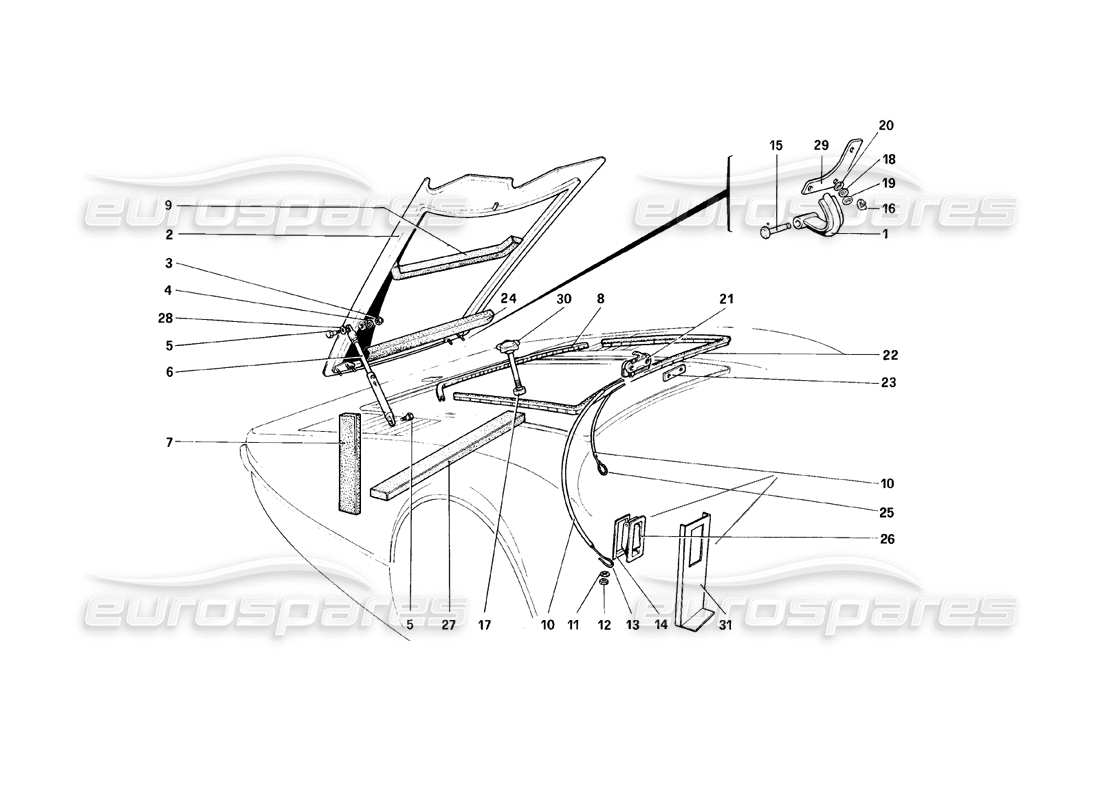 ferrari 308 (1981) gtbi/gtsi diagrama de piezas de la tapa del compartimento frontal