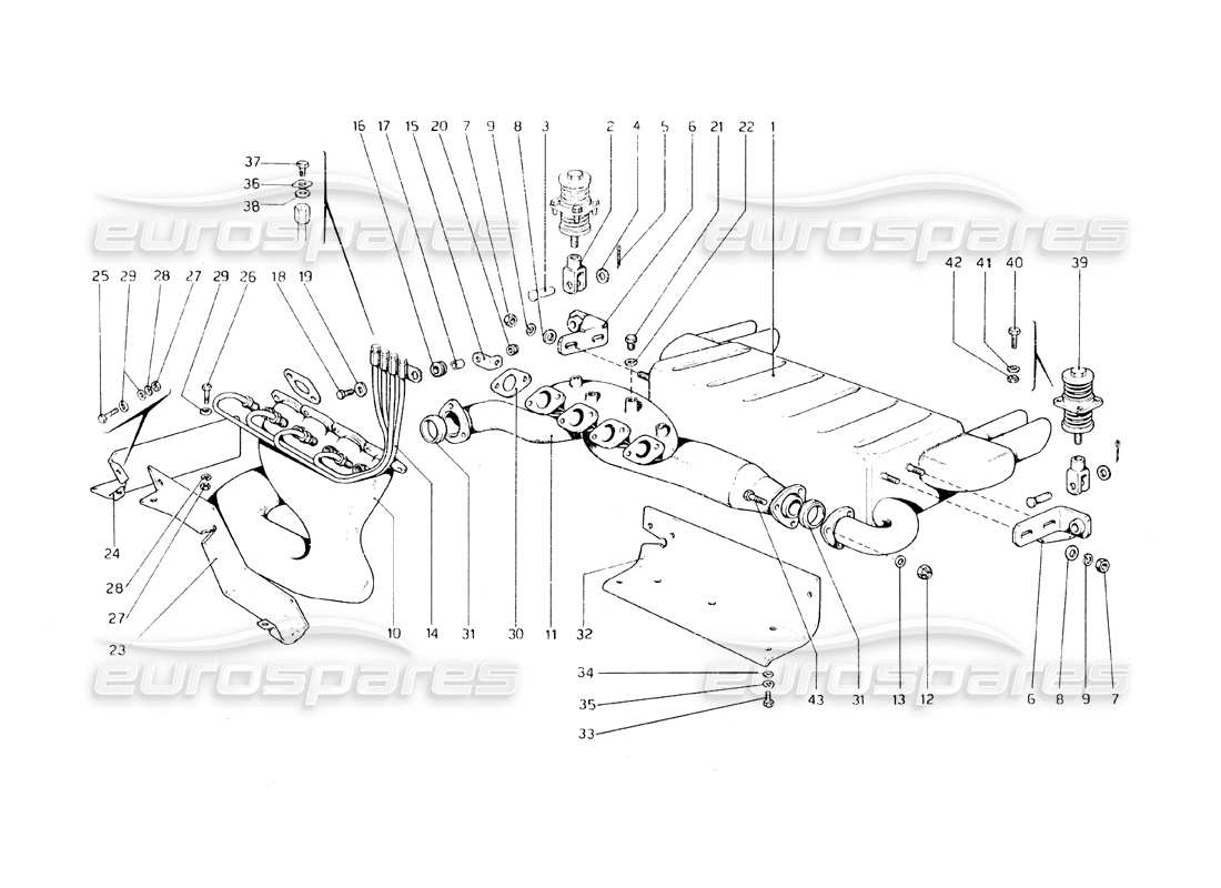 ferrari 308 gt4 dino (1979) diagrama de piezas del sistema de escape (variantes para ee. uu. - versión aus y j)