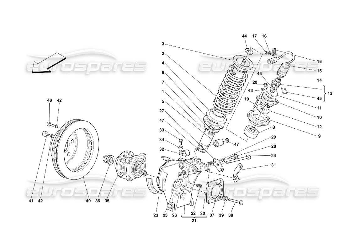 ferrari 355 (5.2 motronic) suspensión trasera: amortiguador y disco de freno diagrama de piezas