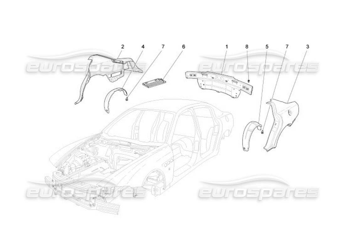 maserati qtp. (2005) 4.2 diagrama de piezas de la carrocería y los paneles exteriores traseros