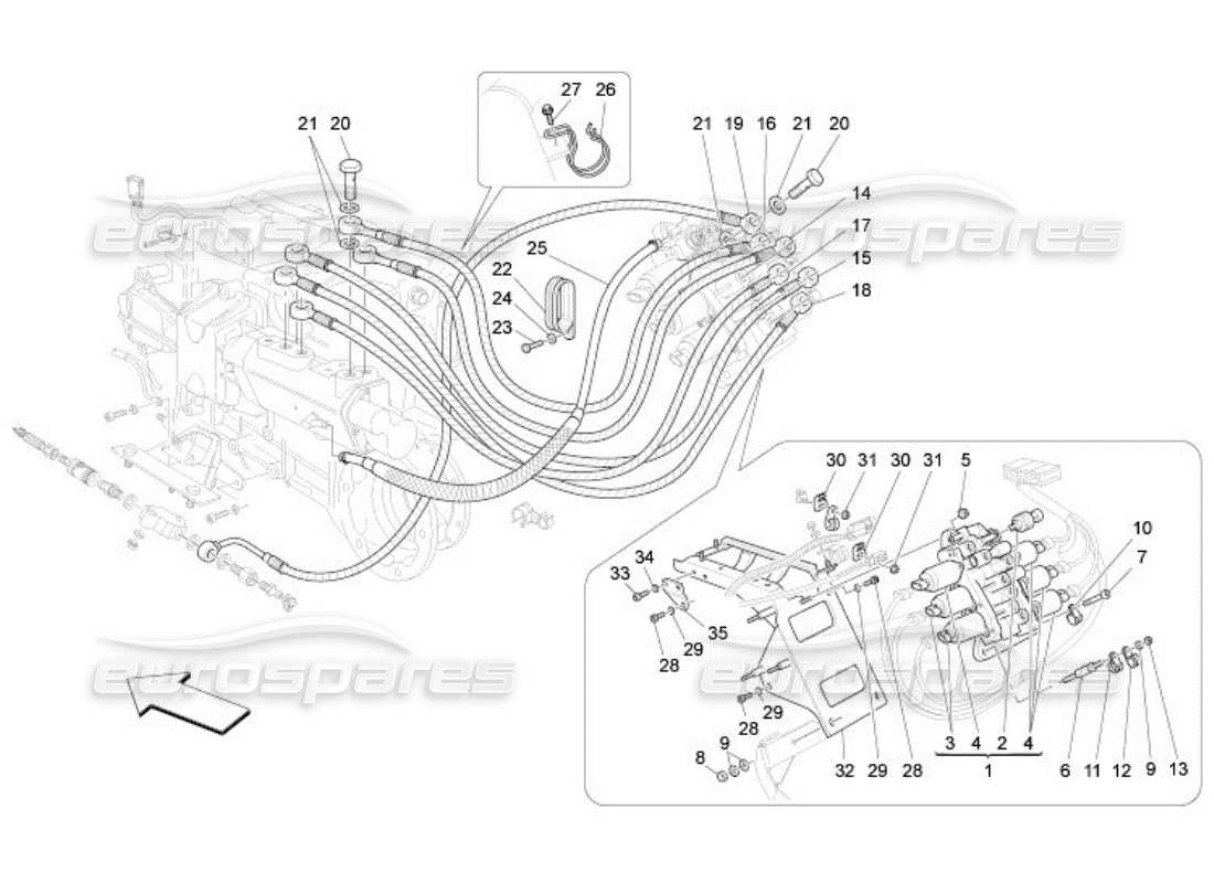 maserati qtp. (2005) 4.2 sistema hidráulico de activación de la caja de cambios: diagrama de piezas de la unidad de potencia