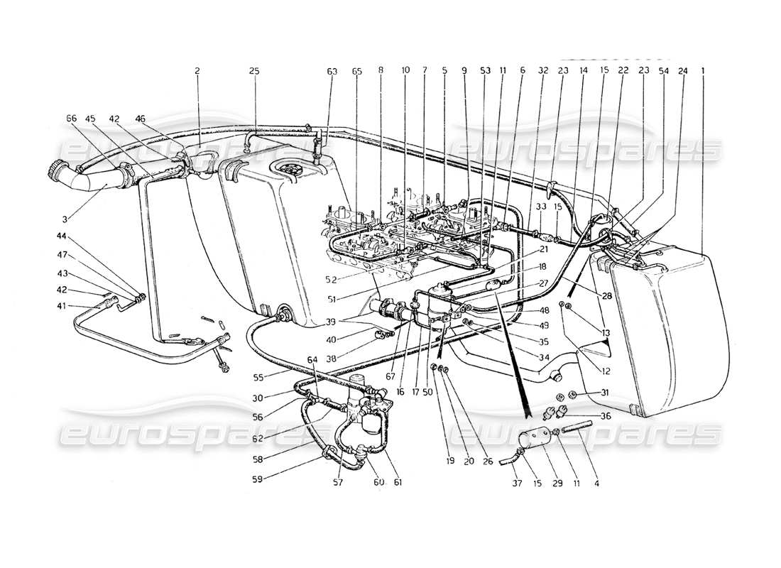 ferrari 308 gt4 dino (1979) diagrama de piezas del sistema de control de emisiones antievaporativo (variantes para ee. uu., versión aus y j)