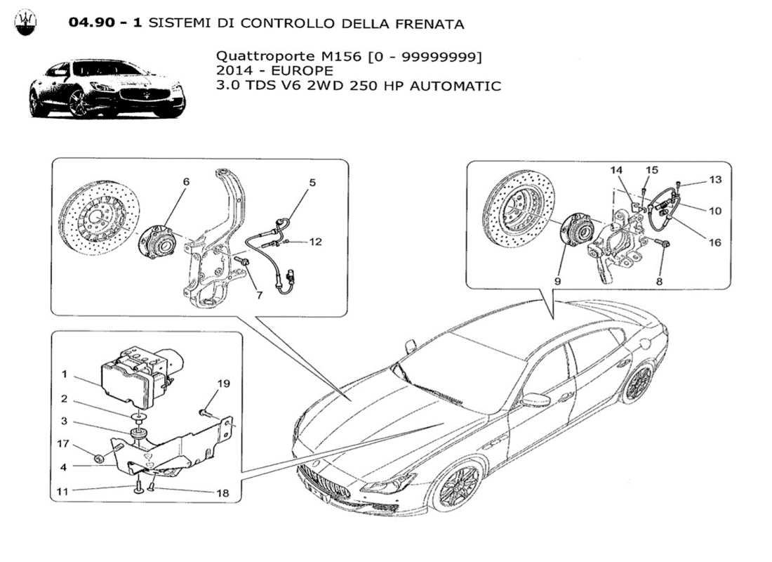 maserati qtp. v6 3.0 tds 250bhp 2014 diagrama de piezas de los sistemas de control de frenado