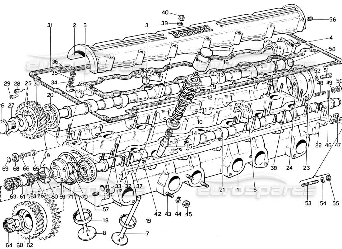 ferrari 365 gtb4 daytona (1969) culatas de cilindros - diagrama de piezas de válvulas de árbol de levas