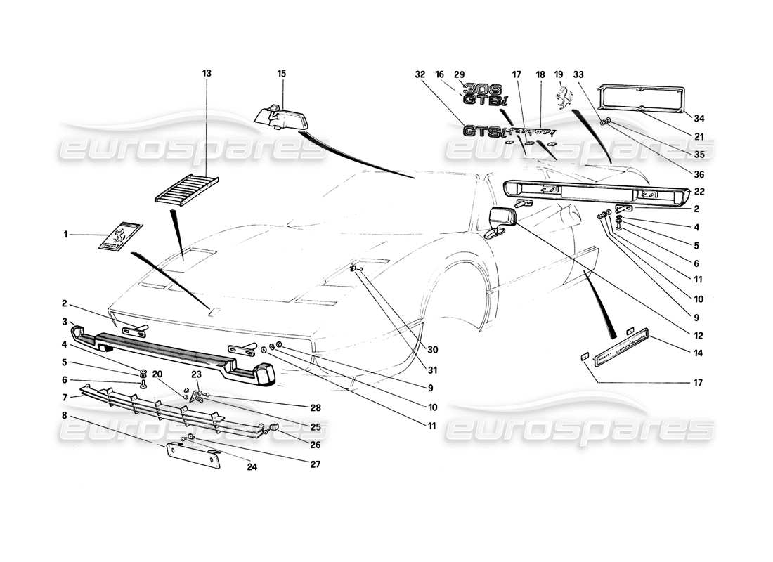 ferrari 308 (1981) gtbi/gtsi diagrama de piezas de parachoques y molduras