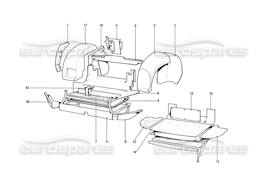 ferrari 246 dino (1975) carrocería - diagrama de piezas de elementos interiores