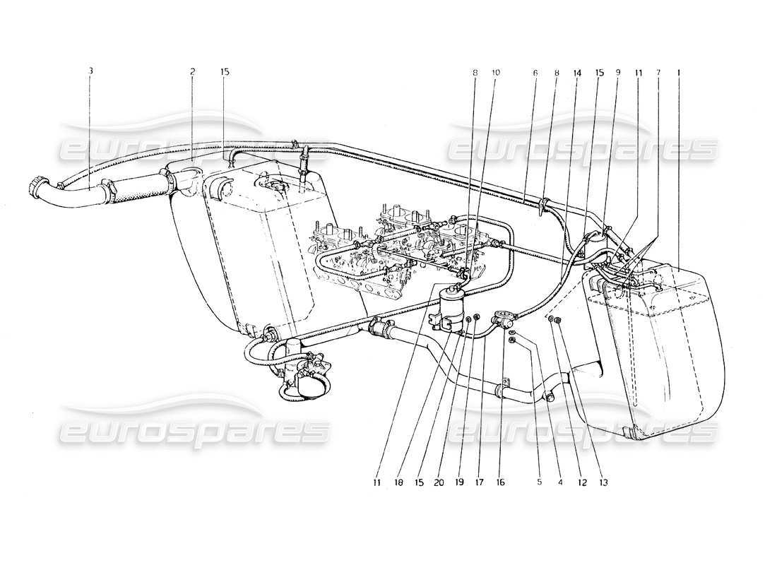 ferrari 308 gt4 dino (1979) diagrama de piezas del sistema de control de emisiones antievaporativo (variantes para ee. uu., versión aus y j)