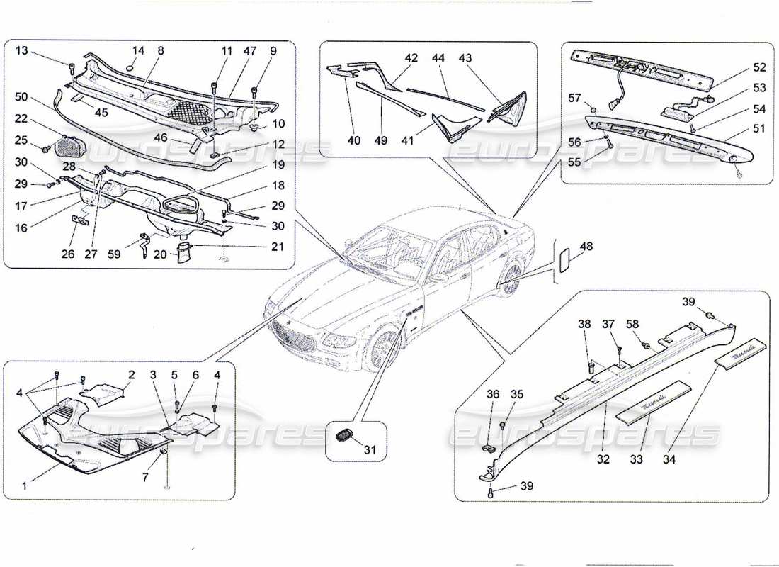 maserati qtp. (2010) 4.7 diagrama de piezas de escudos, molduras y paneles de cobertura